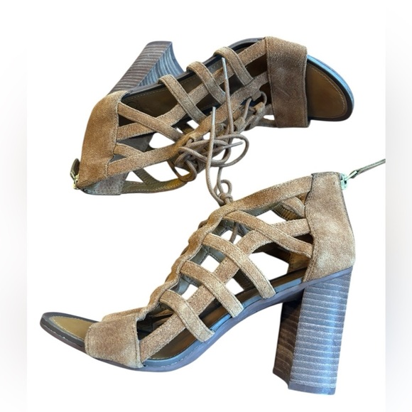 Franco Sarto Cognac Suede Tie Front Cut Out Wooden Block Heel Size 6.5 - Picture 6 of 8